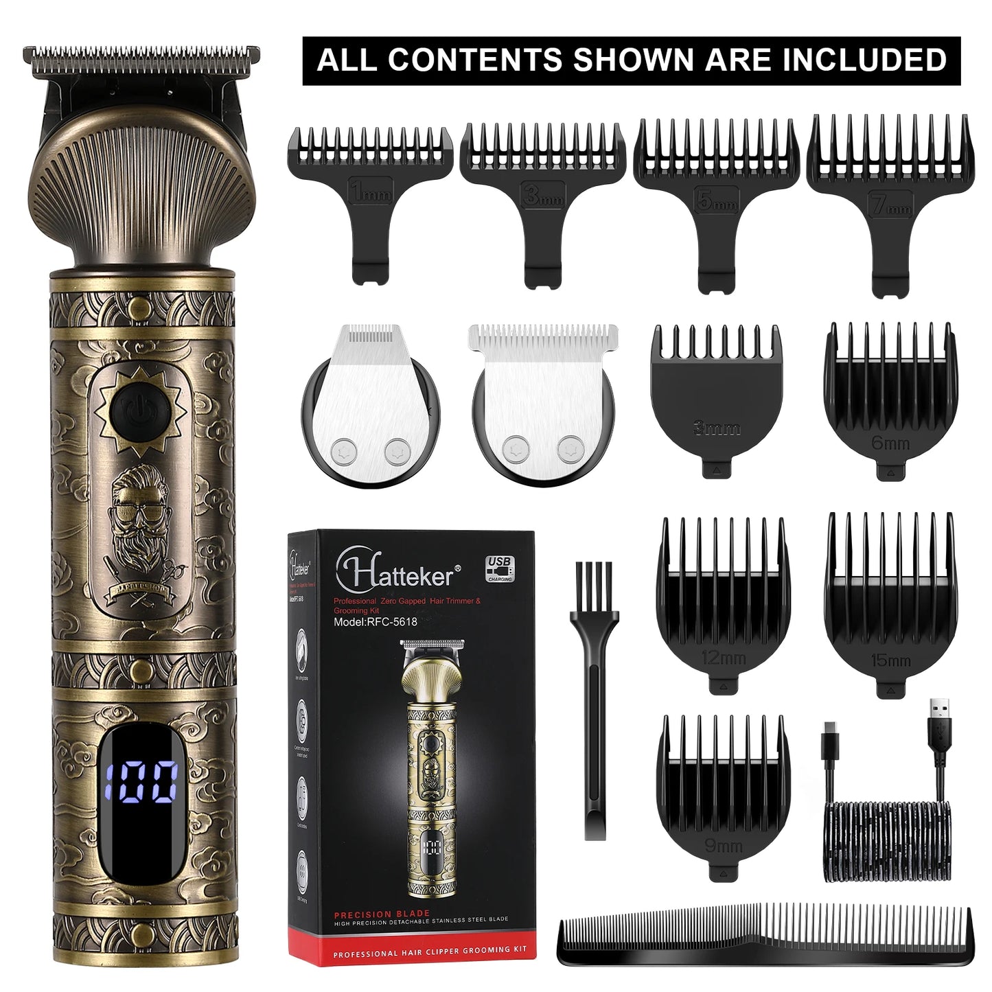 Hatteker Hair Trimmer Professional Hair Clipper Metal Hair Cutting Machine Electric Cordless Rechargeable Trimmer for Men