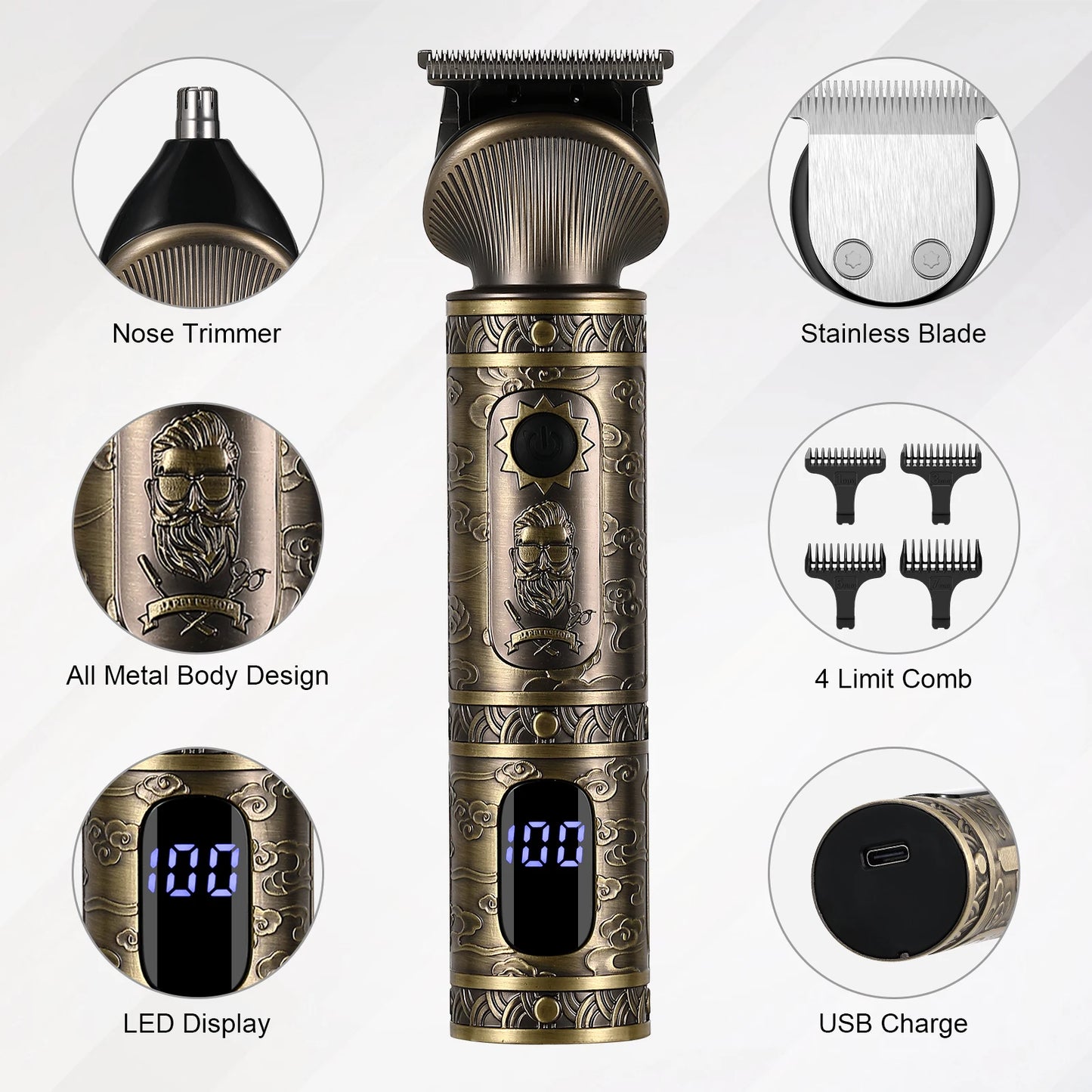 Hatteker Hair Trimmer Professional Hair Clipper Metal Hair Cutting Machine Electric Cordless Rechargeable Trimmer for Men
