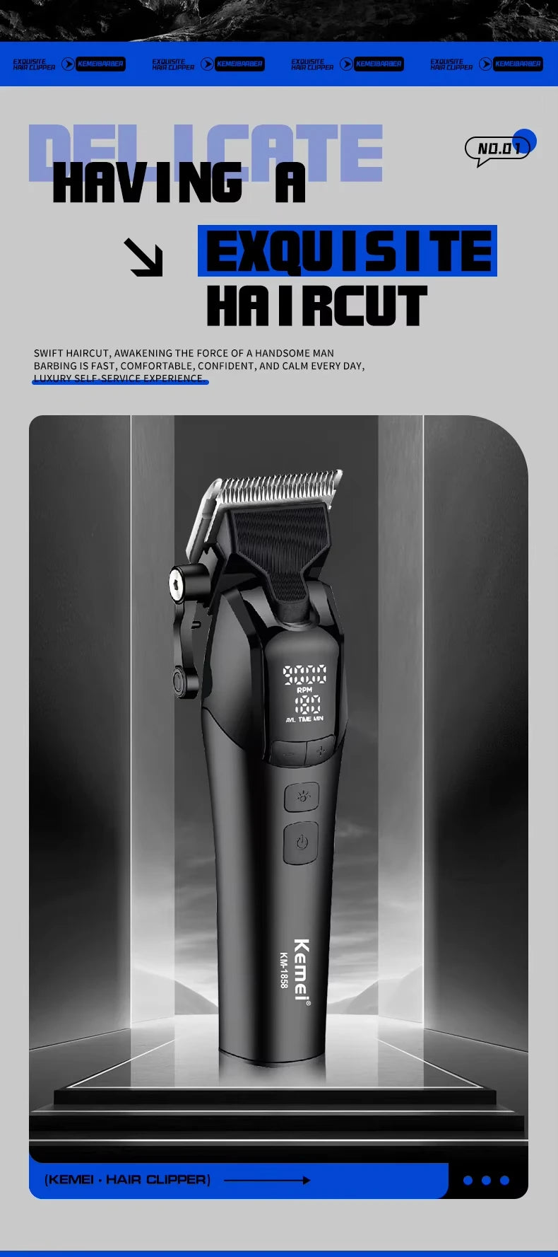 Kemei KM-1858 10W Barber Professional Electric Hair Clipper DLC Blade Trimmer Cordless USB Charging Rechargeable Hair Clippers